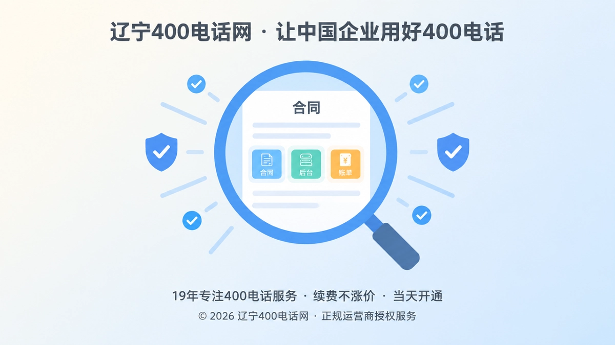 放大镜查看带有合同、后台、账单卡片的400电话服务文档，表达承诺可验证