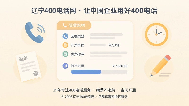 中央放大的资费说明卡片，周围散布电话、账单、时钟小图标