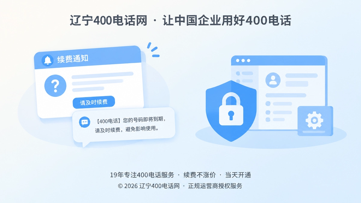 扁平插画：续费通知卡片旁有锁与盾牌，代表400电话续费核验与权限保护
