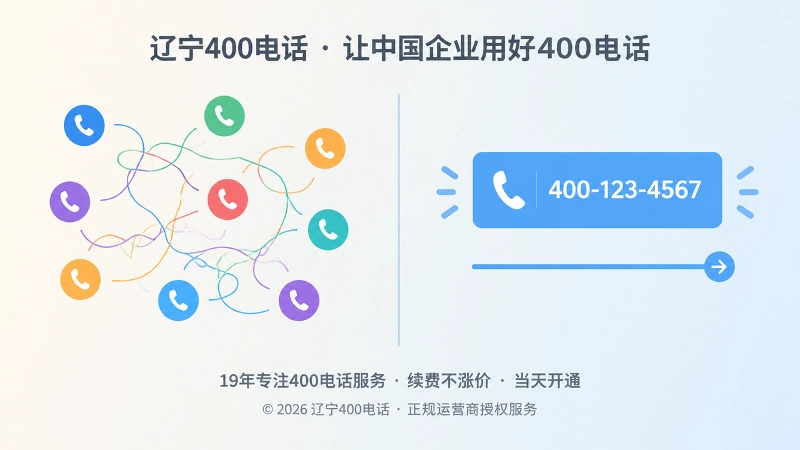 左右对比插画，左侧杂乱电话图标与右侧统一号码卡片形成对照