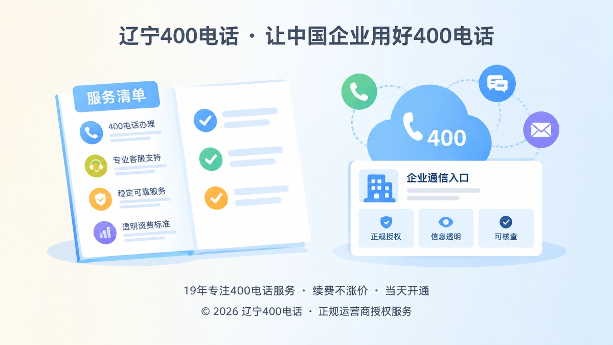 扁平插画左侧服务清单与右侧通信入口卡片，表现400电话服务信息透明